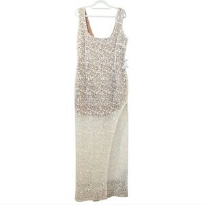 Nadine Merabi Louisa Beaded White Nude Gown High Slit Dress Size XXL/14